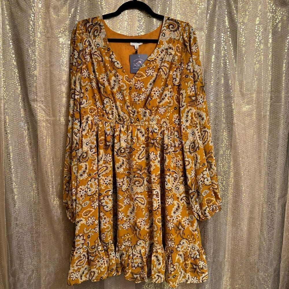 Cotton Bleu Golden Yellow Brown Paisley Long Sleeve Dress Large NWT